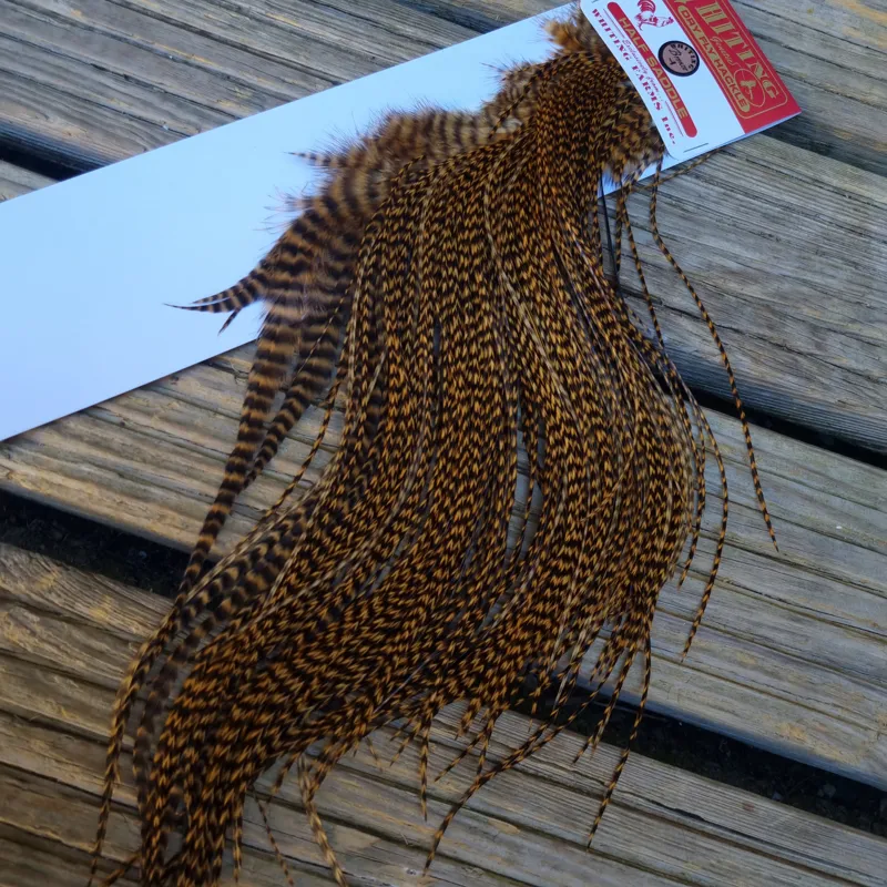 Whiting 1/2 BRONZE Grade Dry Fly Rooster Saddle in Grizzly Dyed March Brown-1